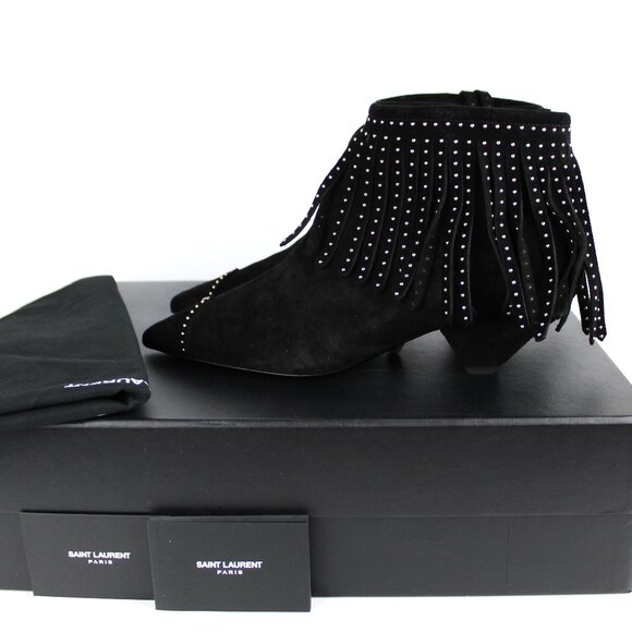 NEW SAINT LAURENT Blaze Laced Fringe Ankle Boots – Suede Studded Western Boots - Picture 1 of 15